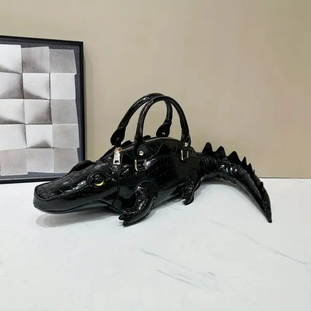 Black Alligator Crocodile Novelty Handbag Purse w/ Strap Statement Bag - Picture 9 of 11